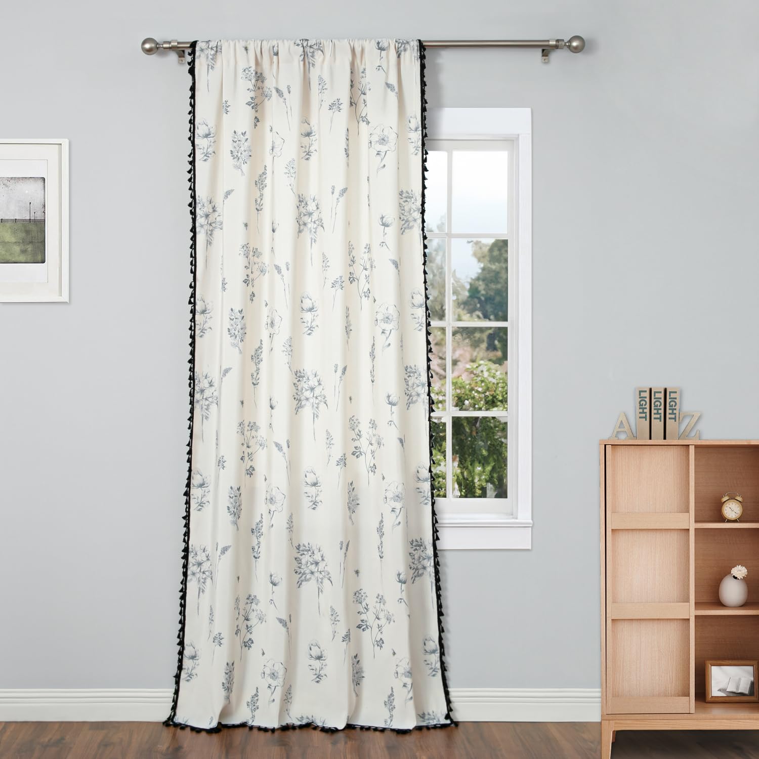 

Black Floral Farmhouse Curtains, Cotton Linen Boho Window Curtain with Tassel Rod Pocket Bedroom Macrame Drapes Flower Curtains W150xH80cm&Rod Pocket