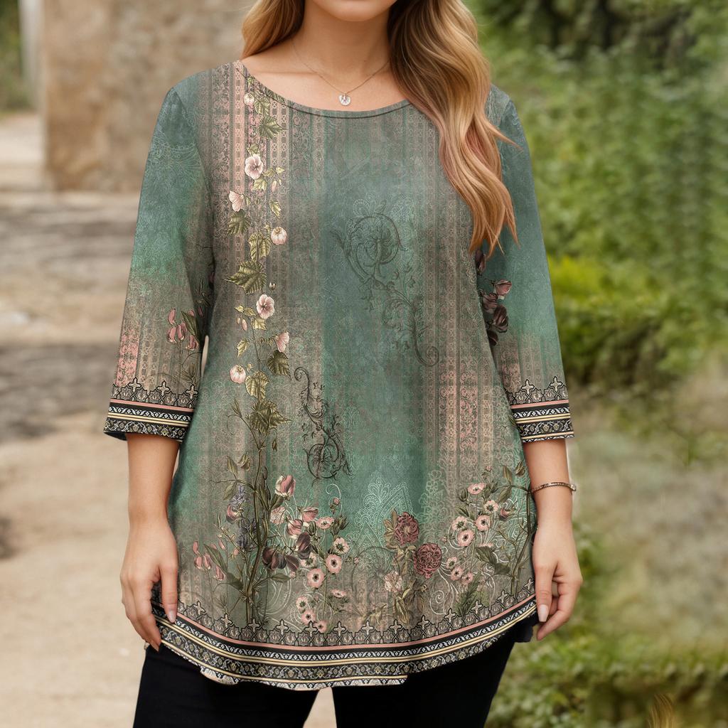 Top alla moda da donna taglie forti, manica 3/4, orlo curvo, girocollo