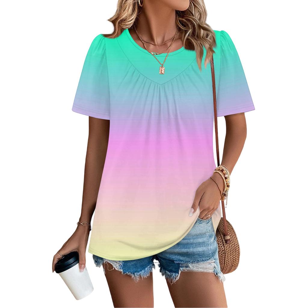 Lässiges Damen-T-Shirt mit Rundhalsausschnitt, Farbverlauf-Print, Falten und kurzen Ärmeln