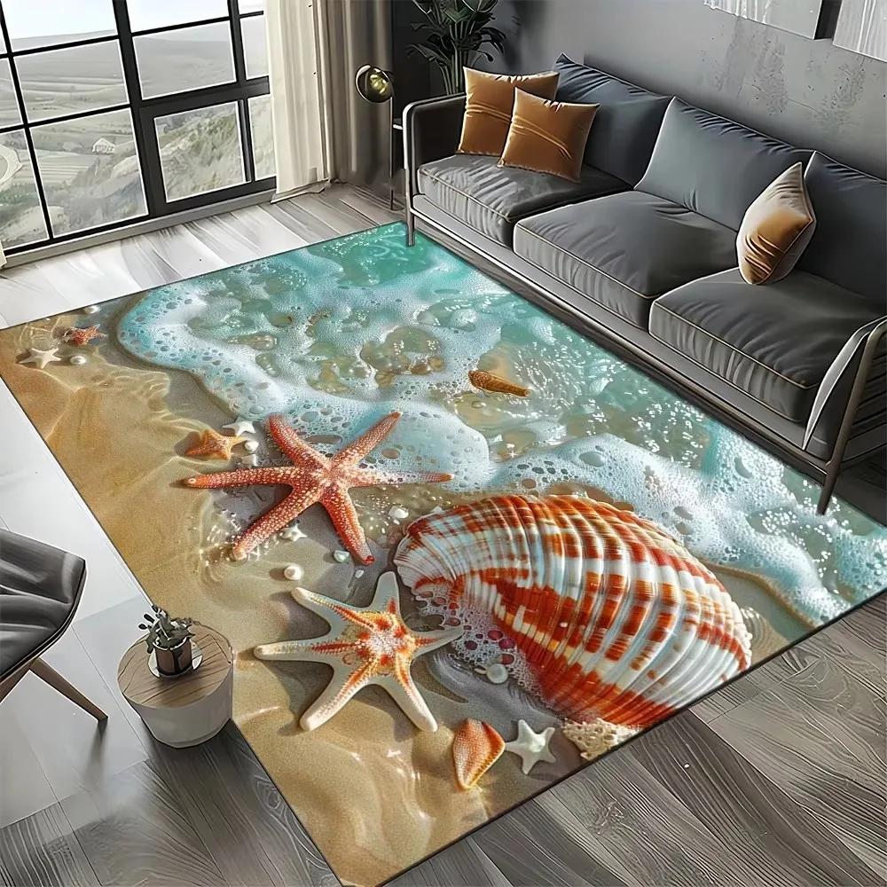 Starfish Beach Shell Sand Pattern Area Rug Coastal Ocean Carpet for Living Room Bedroom Kids Play Room Non-Slip Floor Mat