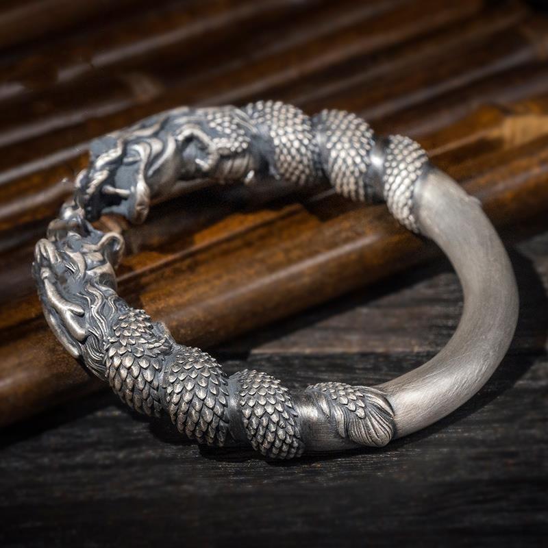 JMXD-high-grade Silver-plated Retro Handmade Double Dragon Solid Opening, Bracelet Men's and Women's Personalized Wristwear