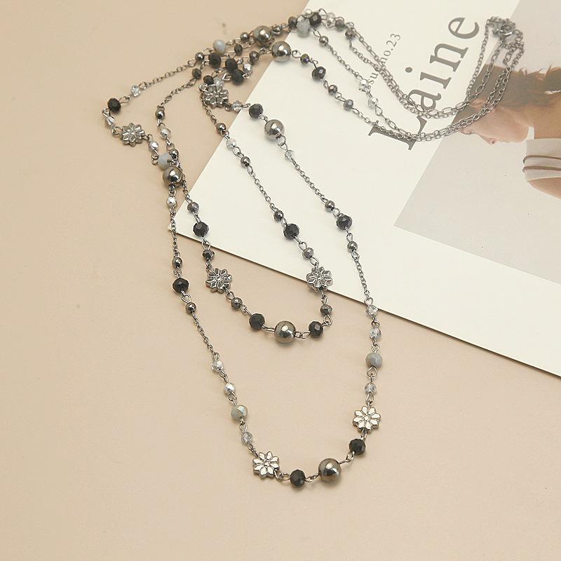 Double Layered Flower Glass Bead Geometric Layered Necklace Retro Sweater Chain Accessories For Women