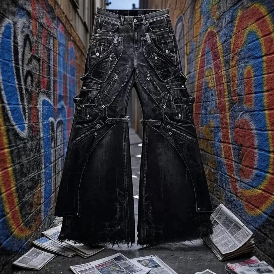 VIONA Streetwear Goth Punk Jeans Cargo Multi-tasche Uomo Neri Usurati a Zampa Denim con Cinghie Zip Borchie Bordi Sfilacciati
