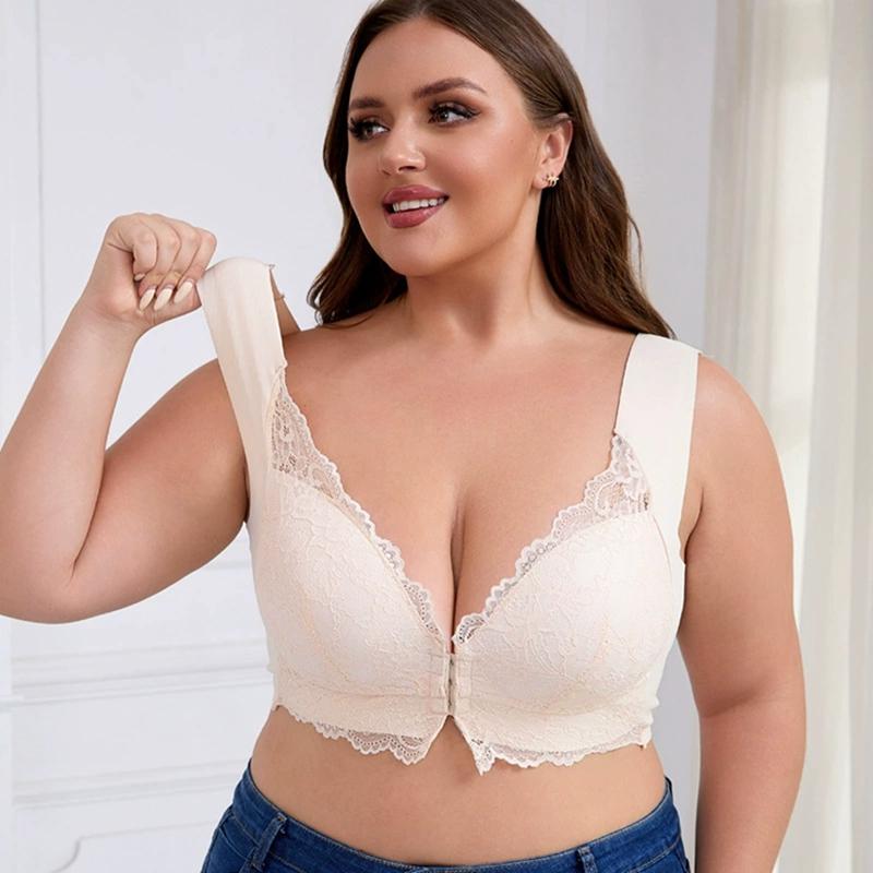 Women Plus Size Wide-strap Lace Bra Front Buckle Bra Gathering Bra