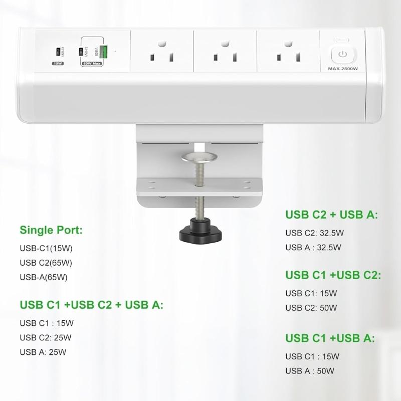 3 Outlet Desk Clamp Power Strips with USB C, Flat Plug Desktop Edges Power Strips, Desk Mount Clamp Socket Connect