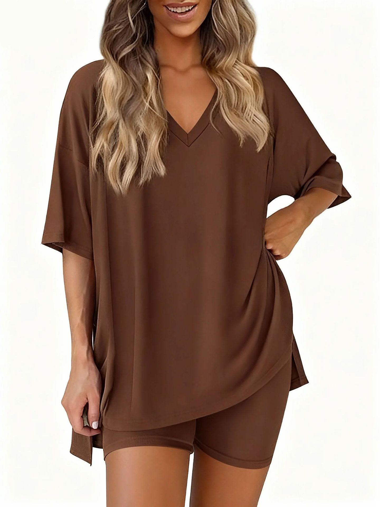 2026 Summer Casual V-Neck Solid Color Loose Pajama Set for European and American Fashion Large