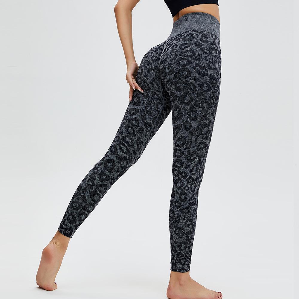 

Sweatpants European and American leopard print peach pants new jacquard yoga pants women s breathable seamless leggings outdoor sports fitness pants S