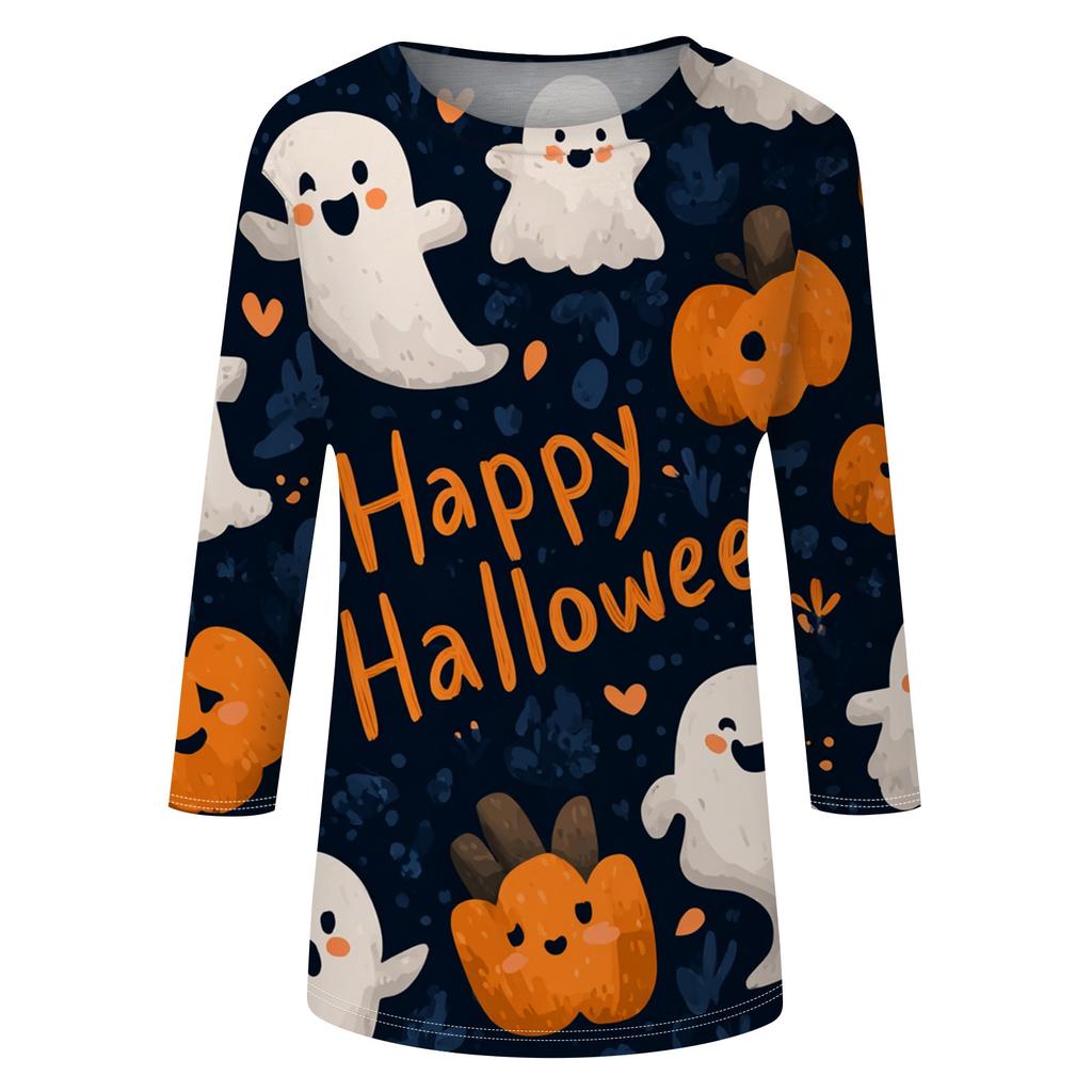 Dames Mode Casual Ronde Hals Driekwartmouw Halloween Print T-shirt Top