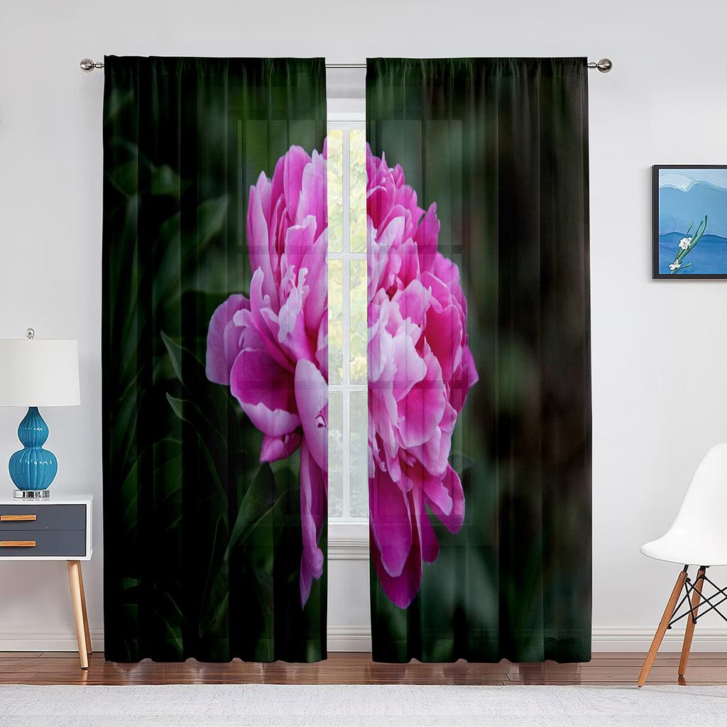 Tüllvorhänge mit rosa Pfingstrose und grünen Blättern für Wohnzimmer, Heimdekoration, Fenstervorhang, Küche, transparenter Voile-Vorhang