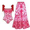 New Double-Sided European & American Chiffon Print Swimsuit Set: Women's One-Piece with Conservative Wrap Skirt