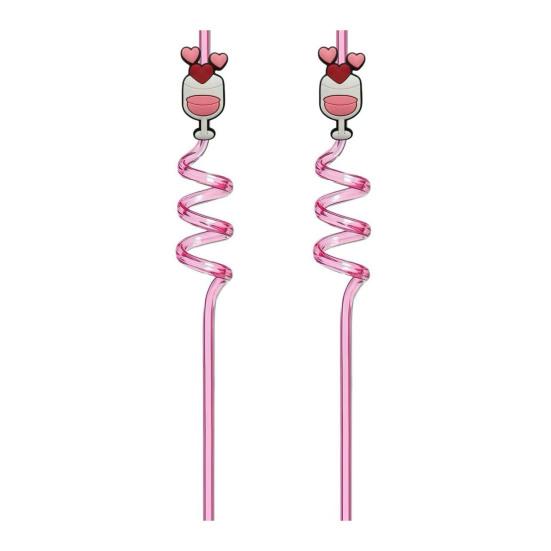 2Pcs Colorful Spiral Straws Creative Drinking Straws with Heart Lip Cake Charm Romantic Pink