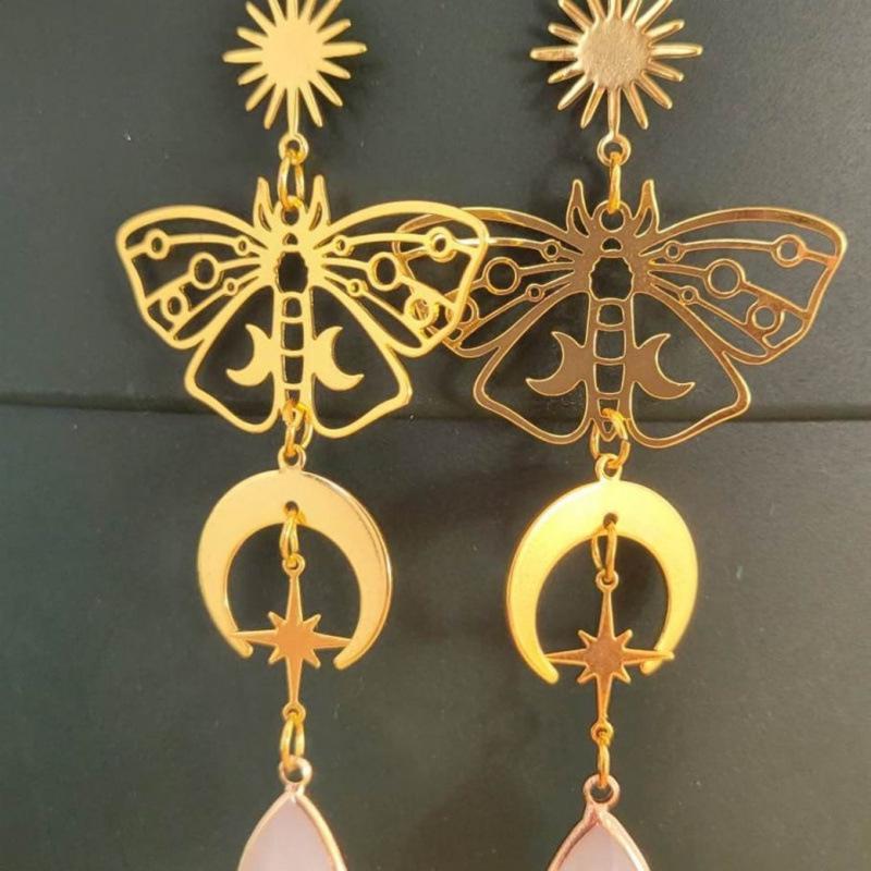 Bohemian Gold Moon & Sun Butterfly Pendant Earrings