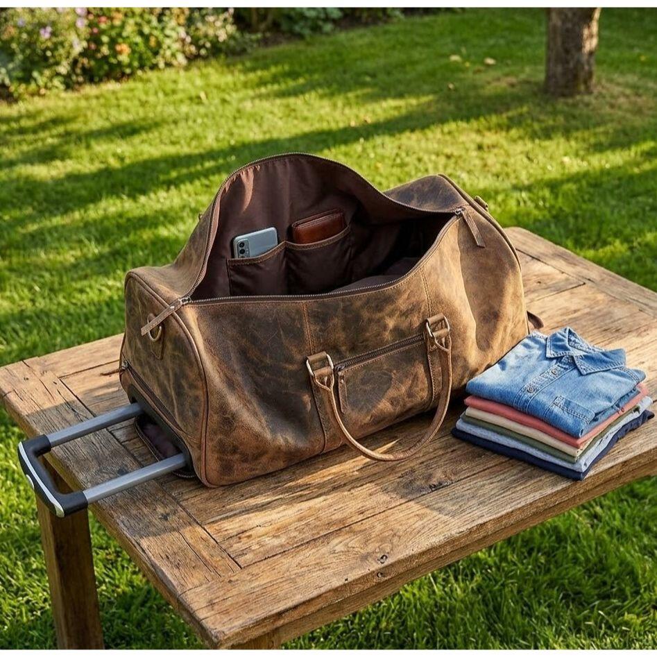 24 Inch Genuine Leather Trolly Duffel Travel Overnight Weekend Leather Bag Sports Gym Duffel Luggage Travel Bag For Men And Women