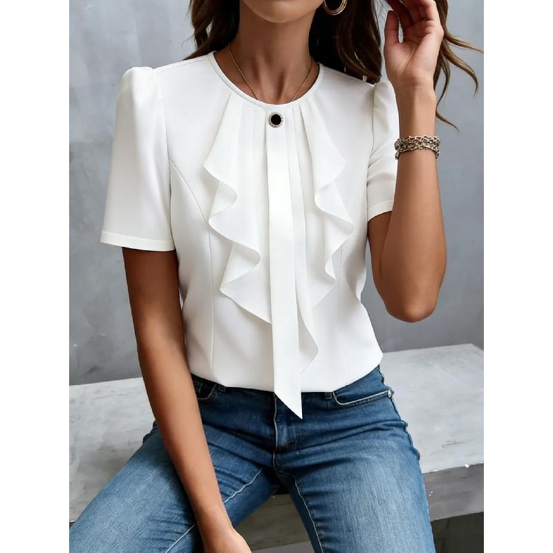 2026 New Women's Summer Ruffled Pleated Round Neck Short Sleeve Shirt Top