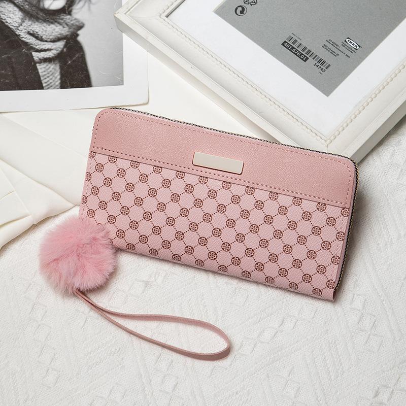 Women's Long Double layer Color blocking Wallet Summer New Personalized Hair Ball Multi card Clutch