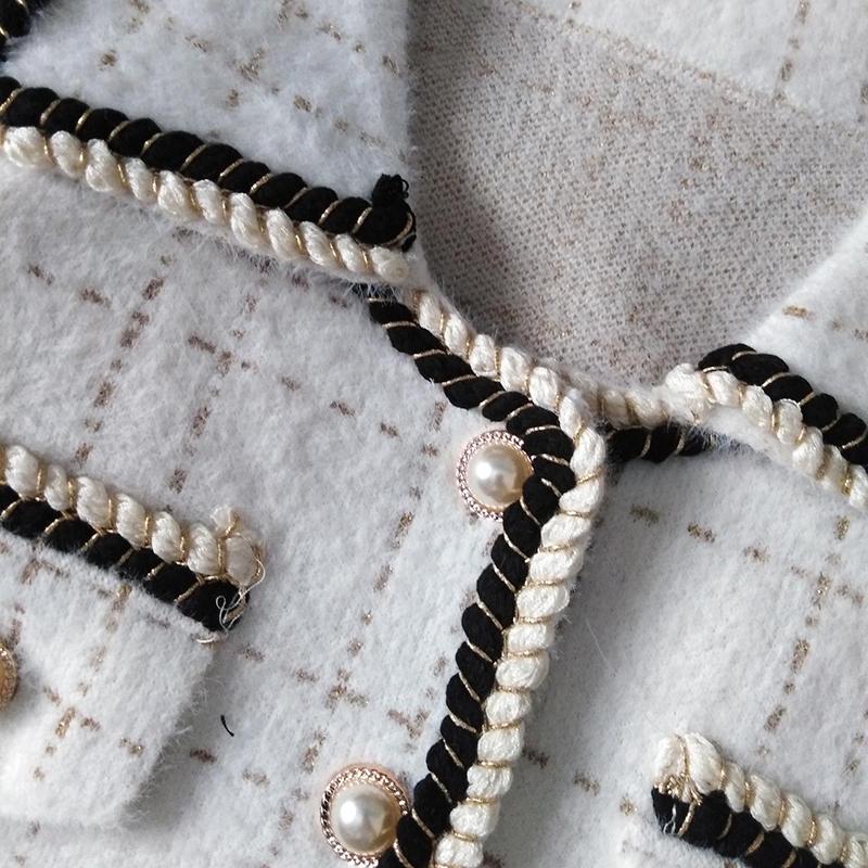 Spring Vintage Plaid Mink Fleece Lapel Jacket Women Elegant Chic Pearl Buttons Korean Outerwear Office Lady Fashion Wild Coat