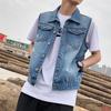 Men Lapel Sleeveless Denim Jacket Ripped Holes Pockets Single Breasted Denim Waistcoat Washed Loose Fit Casual Waistcoat