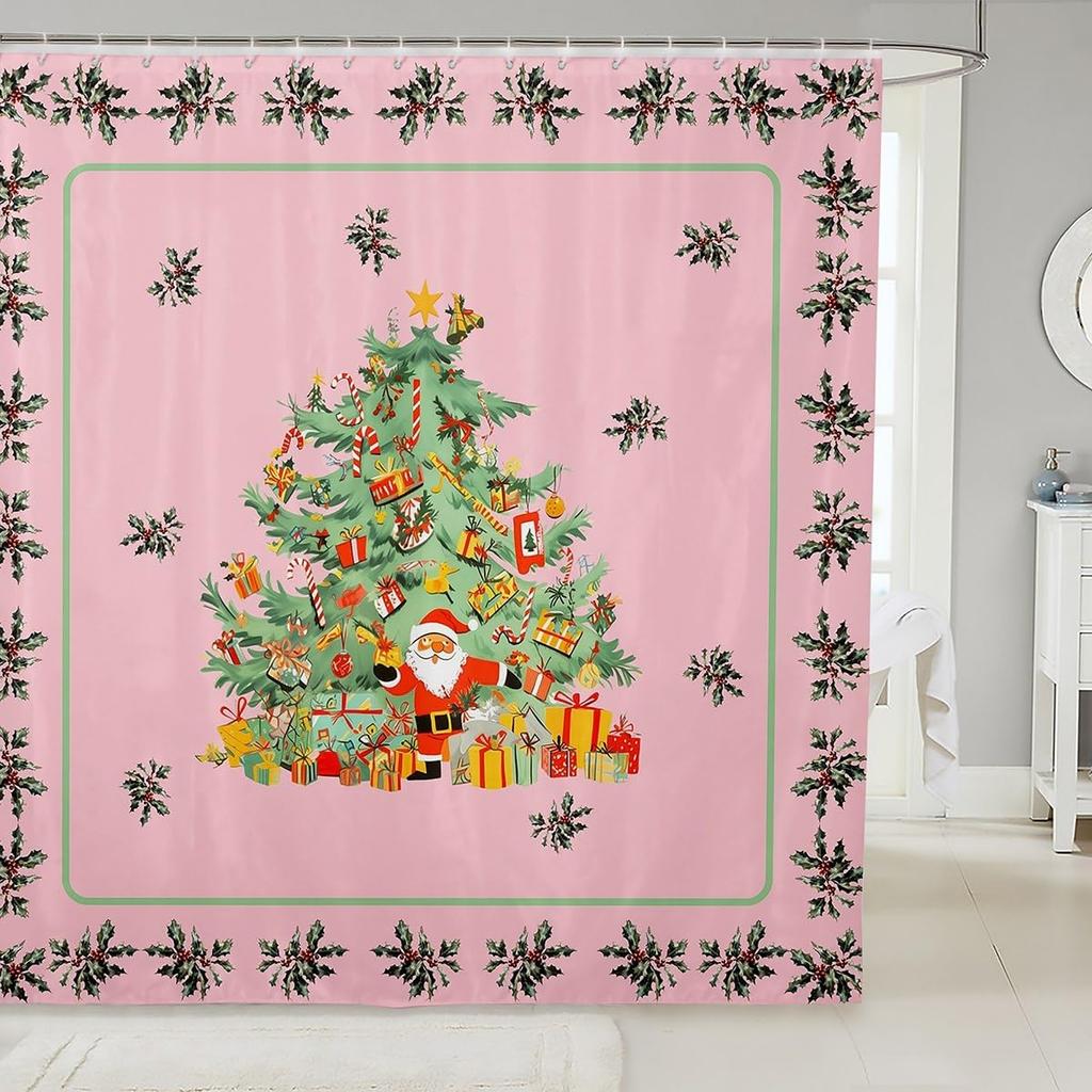 Merry Pink Christmas Shower Curtain,Cartoon Gingerbread Man Bathroom Curtain,Snowflakes Candy Fabric Shower Curtains,Happy New