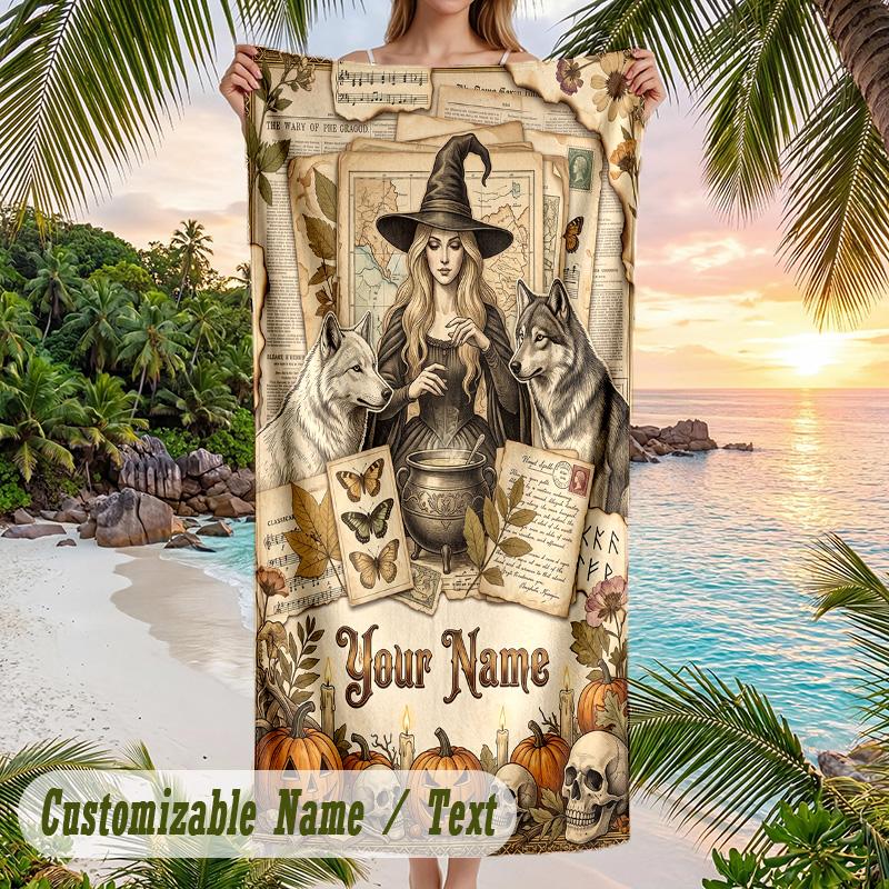 Witchcraft Theme Beach Towel Personalized Custom Name & Text Soft Quick Dry Beach Towel for Swimming Travel