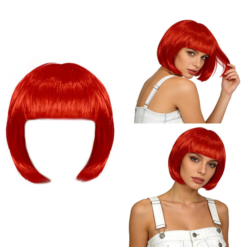 Short Straight Bob Hairpiece for Women Blunt Cut Bangs Cosplay Wig Halloween Themed Party Daily Use