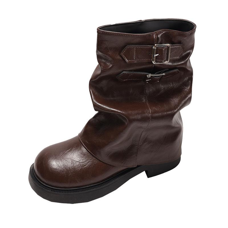 Queen Van Yinglun Maillard brown thick heel heightening short boots women's 2025 new autumn thin trouser boots