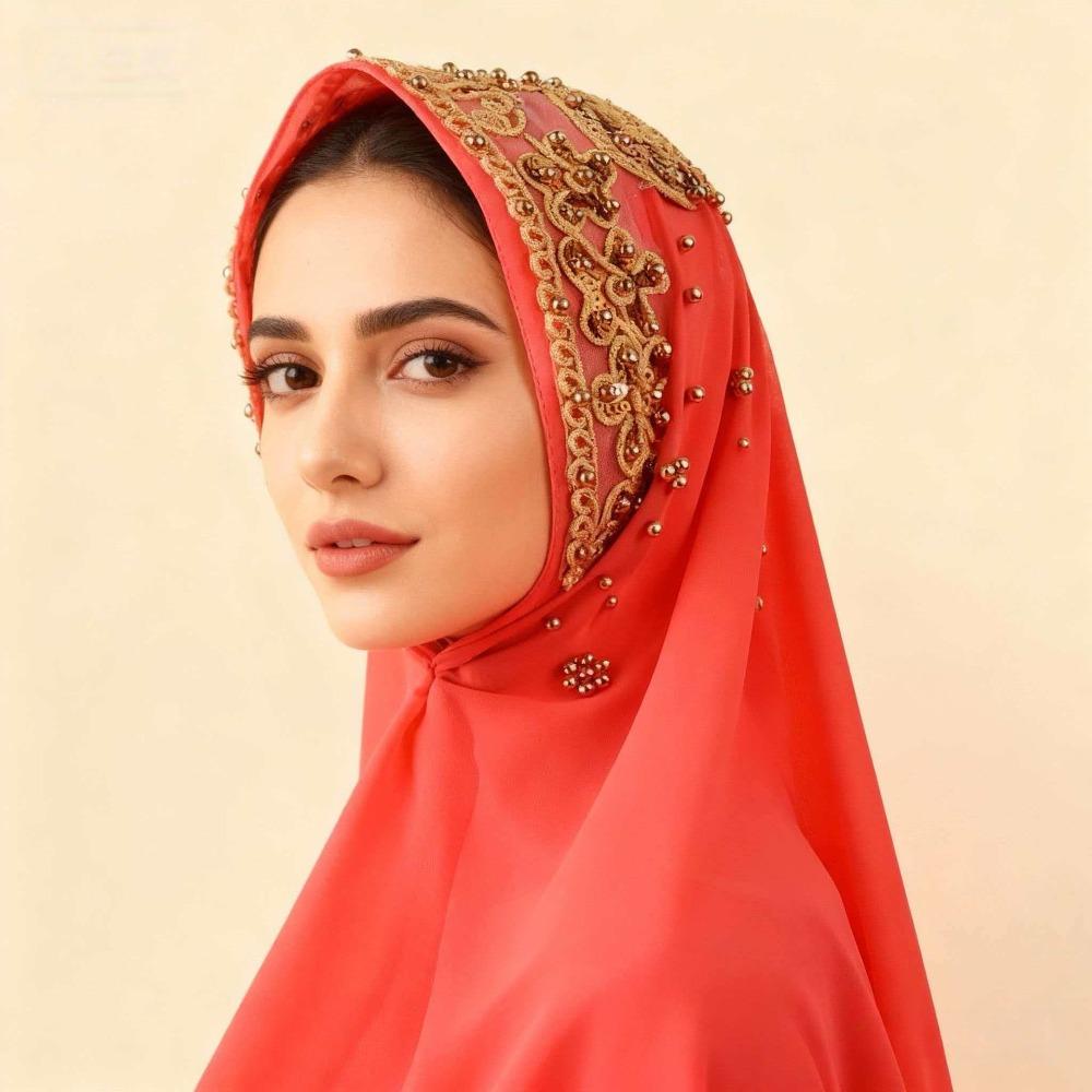 Gold Beads Pearl Chiffon Hijab Scarf Silk Sequin Wraps Shawl Headwraps Islamic Turban  Female
