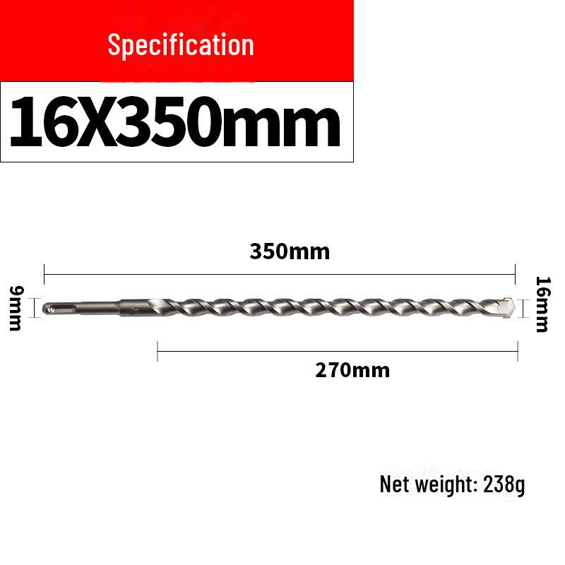 Impact Hammer Drill Bit for Drilling Through Concrete and Cement Walls with Round and Square Handles, Two Pits, and Two Grooves.