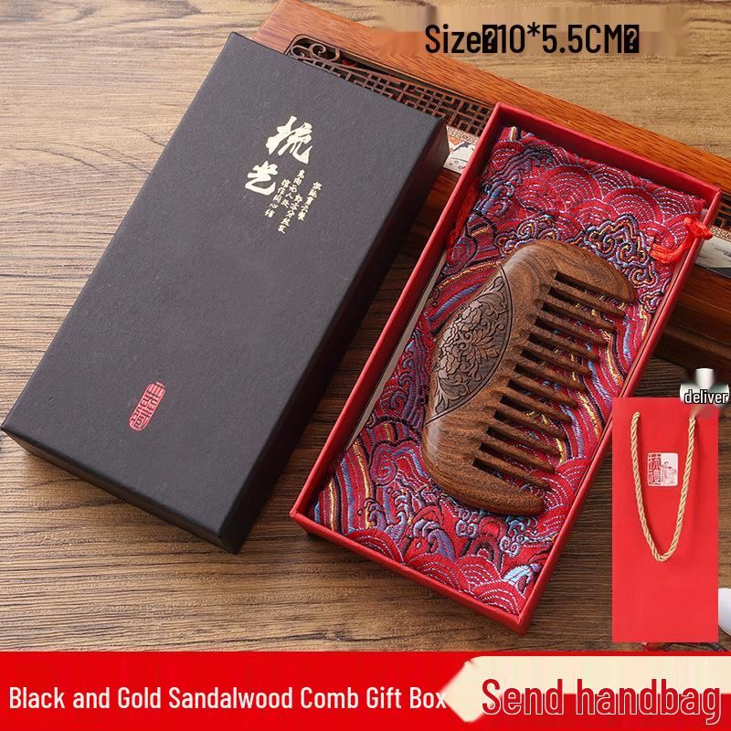 Natürliches Schwarzes Sandelholz mit Goldstaub Doppelseitig Geschnitztes Massagekamm-Set für Damen