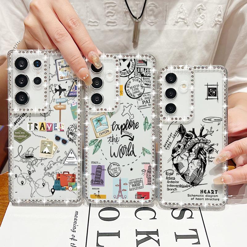 Heart Print Soft Silicone Phone Case For Samsung S25 Edge S24 FE S23 Ultra S22 A16 A56 A36 A15 A55 A35 Diamond Frame Clear Shockproof Cover