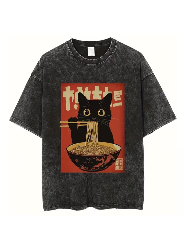 

Cat Printed Tshirt for Eating Lamian Noodles Japanese Style Round Neck Street Tshirt Retro Washed Black Tshirt Unisex Tee S