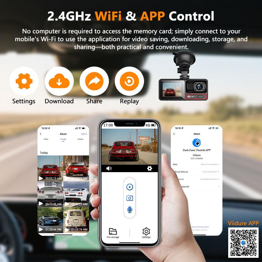 3-Lens Dash Cam, 3-Channel Recording, WiFi, HD, Phone Sync