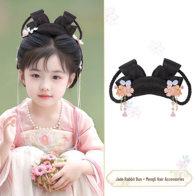 Jade Rabbit Hanfu Wig: Children's Ancient Style Tang Dynasty Updo with Hair Padding and Bun Headdress