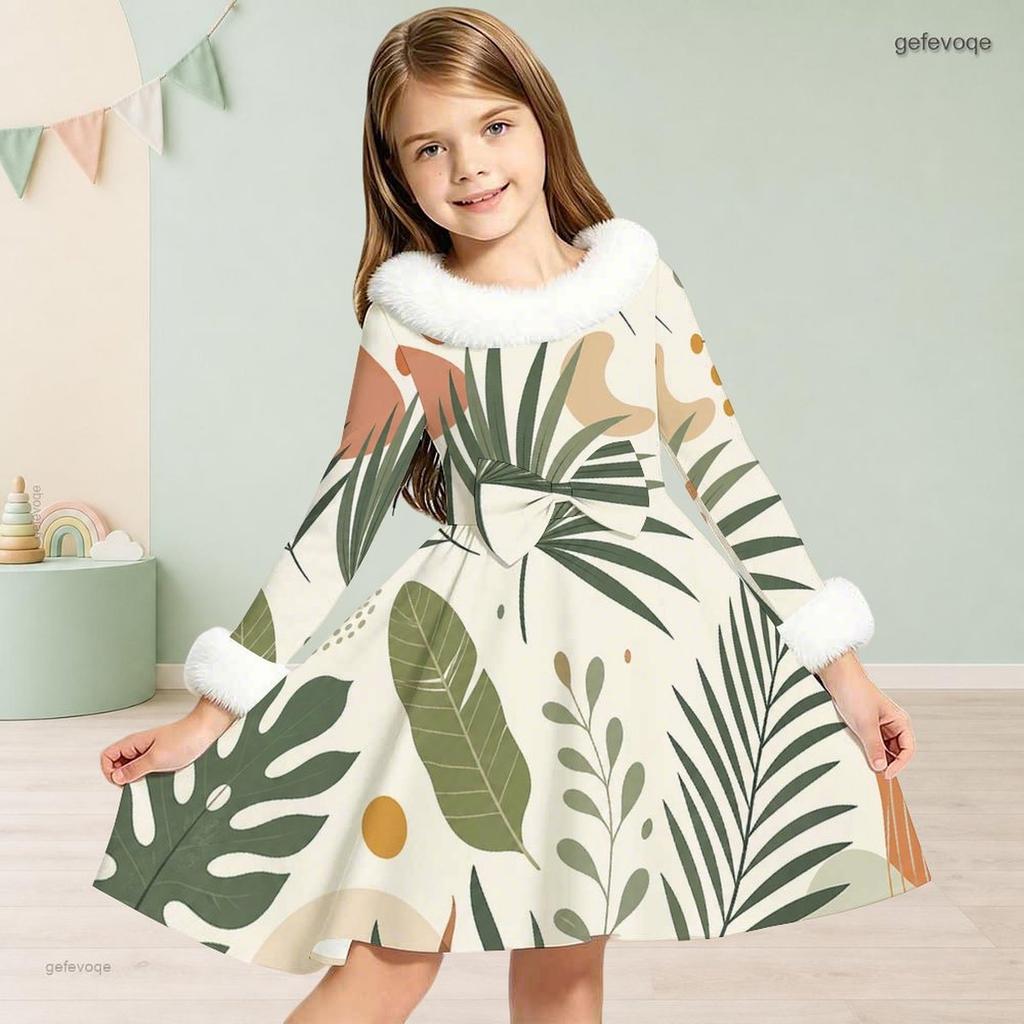 Girls High Neck Long Sleeve Avocado Printed A Line Flared Dress With Fuzzy Collar Cuffs And Bow Waist