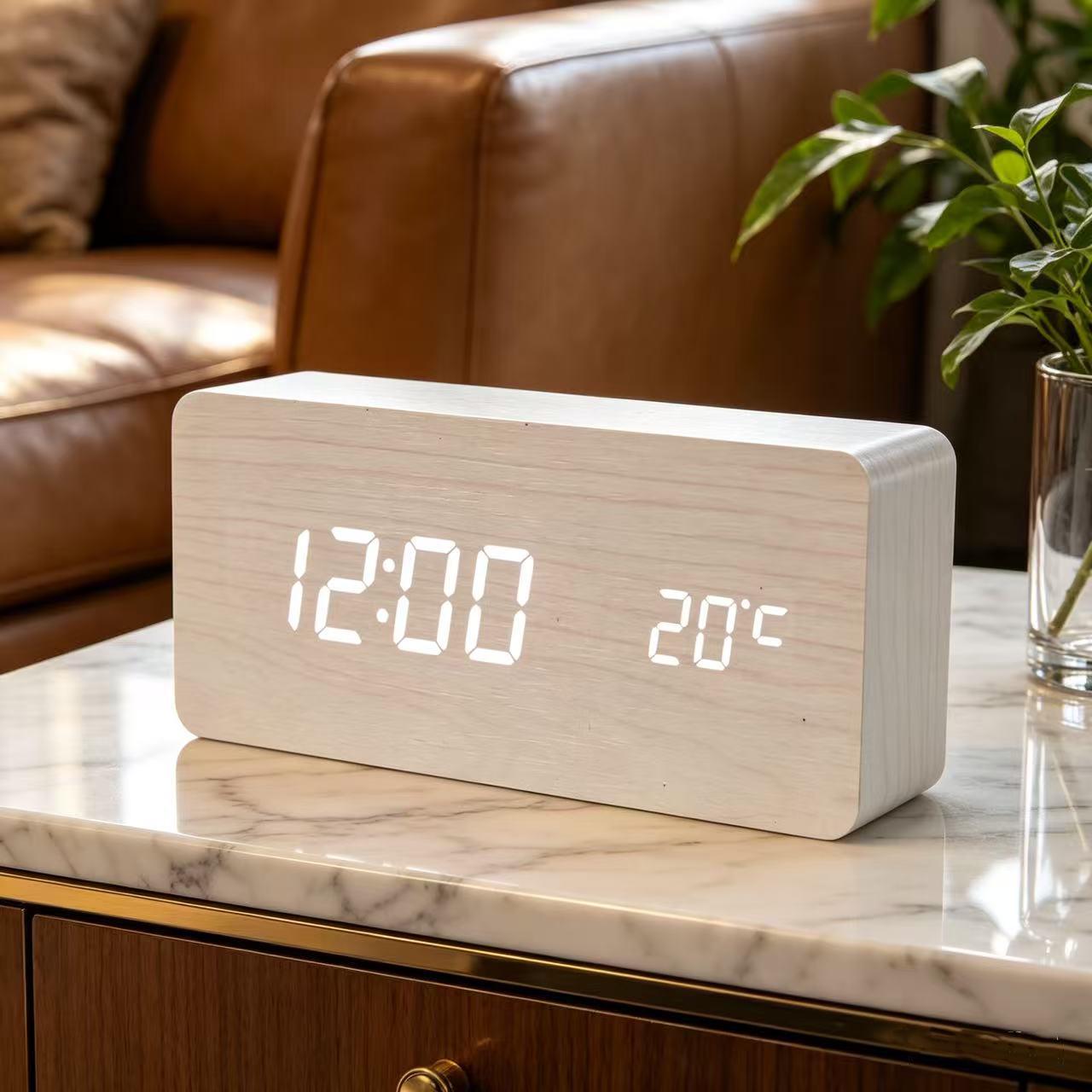 Silent Wake-up Wooden Triangle LED Alarm Clock with Thermometer