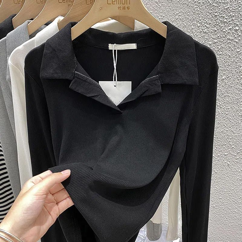 Women's Long-Sleeve Ribbed T-Shirt Autumn Winter Slim-Fit Polo Collar Base Shirt Knitted Pullover Top