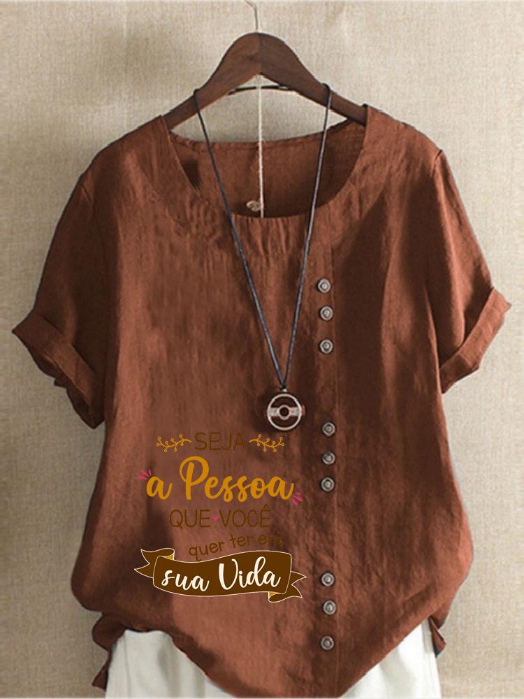 Women's Fashion Letter Print Round Neck Short Sleeve T-shirt Casual Cotton Linen Graphic Shirt Leisure Loose Summer Blouse Tops