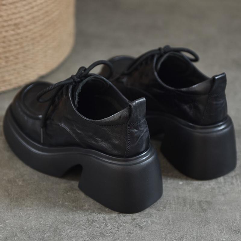 Johnature Lodičky na vysokém podpatku z pravé kůže Ženy Nepromokavé Platforma Šněrování Hrubé podpatky Boty na klínku