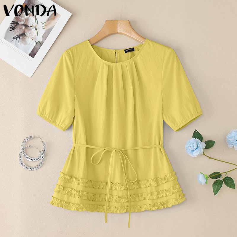 VONDA Women Summer Short Sleeve Lace-up Waist Ruffled Hem Casual Blous