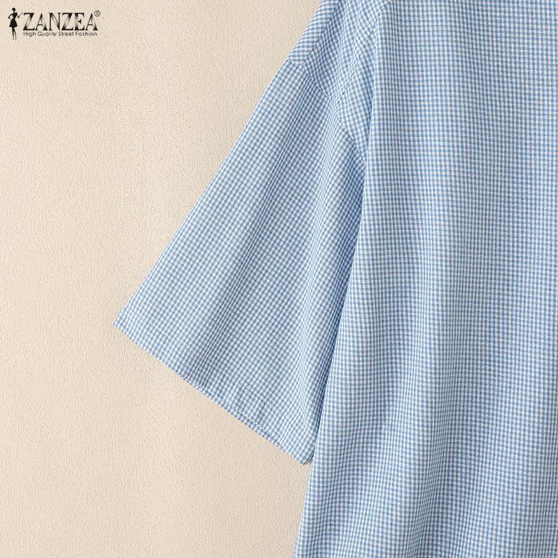 ZANZEA Women Turn Down Collar Loose Half Sleeve Casual Grid Print Blouse