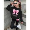 Girls' Sweet Bow Print Casual Comfortable Soft Loose Pullover Sweatshirt and Leggings 2-Piece Set, New Autumn/Winter, Playful, Sweet and Cool Style