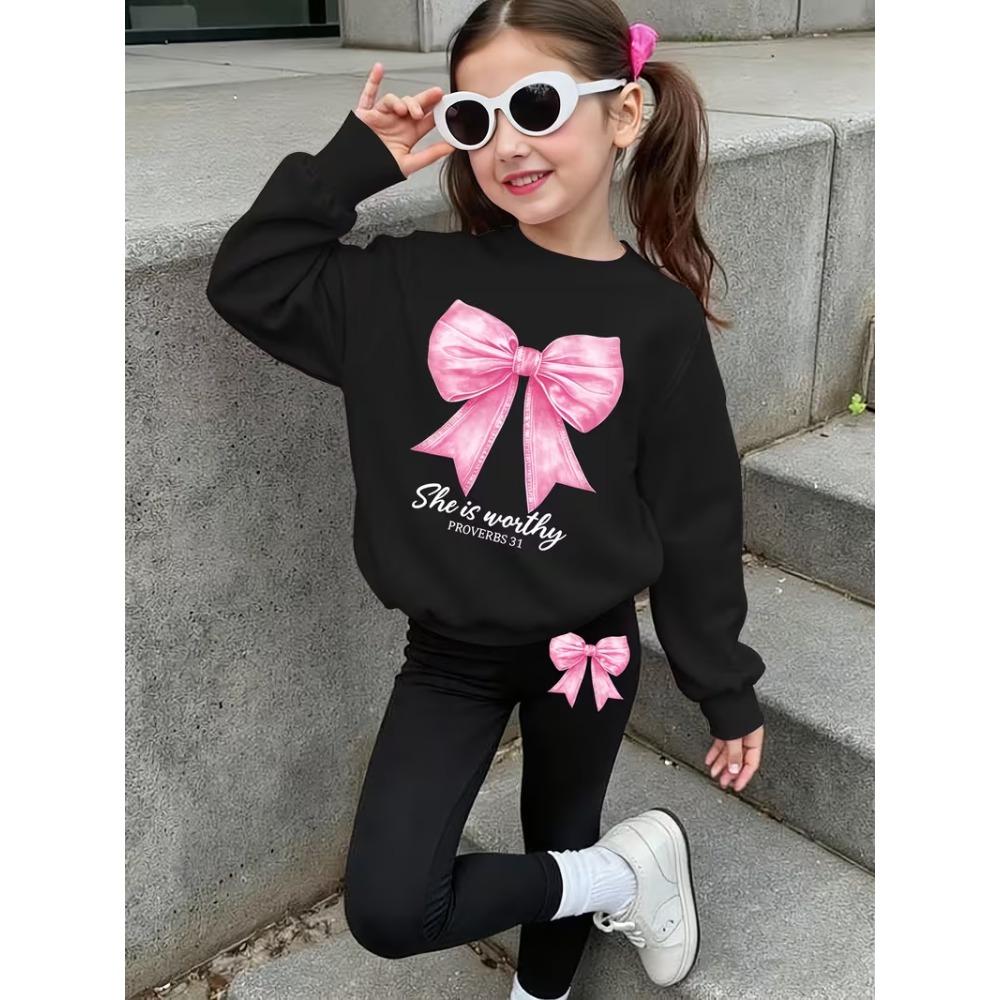 Girls' Sweet Bow Print Casual Comfortable Soft Loose Pullover Sweatshirt and Leggings 2-Piece Set, New Autumn/Winter, Playful, Sweet and Cool Style
