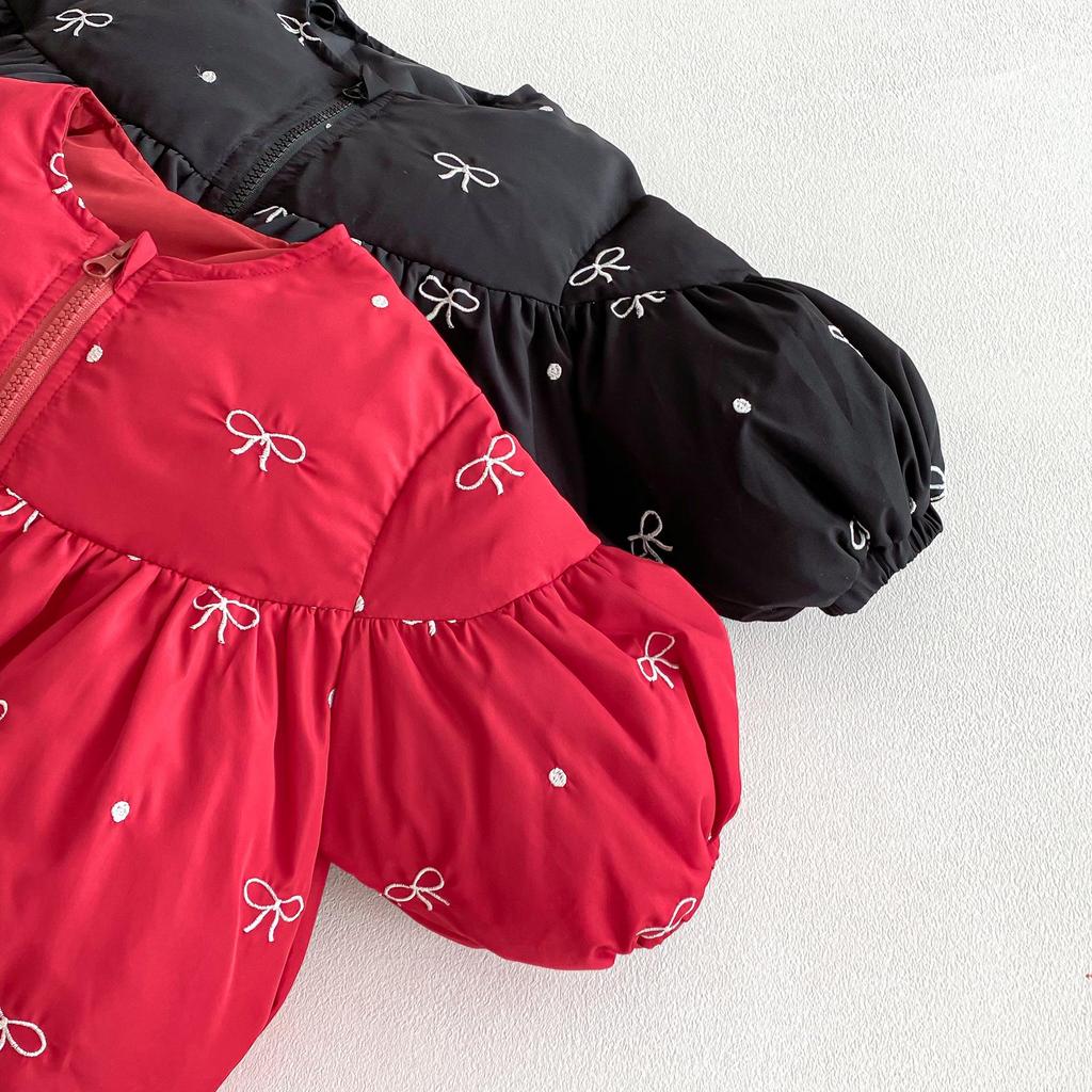 2025 New Girls' Korean-Style Winter Coat with Bow and Scarf - Cute Cotton Padded Outfit for Babies