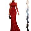 Women Halter Neck Long Sleeve Evening Dress Sheer Mesh Off Shoulder Floor Length Formal Gown Ruched Waist Maxi Dress