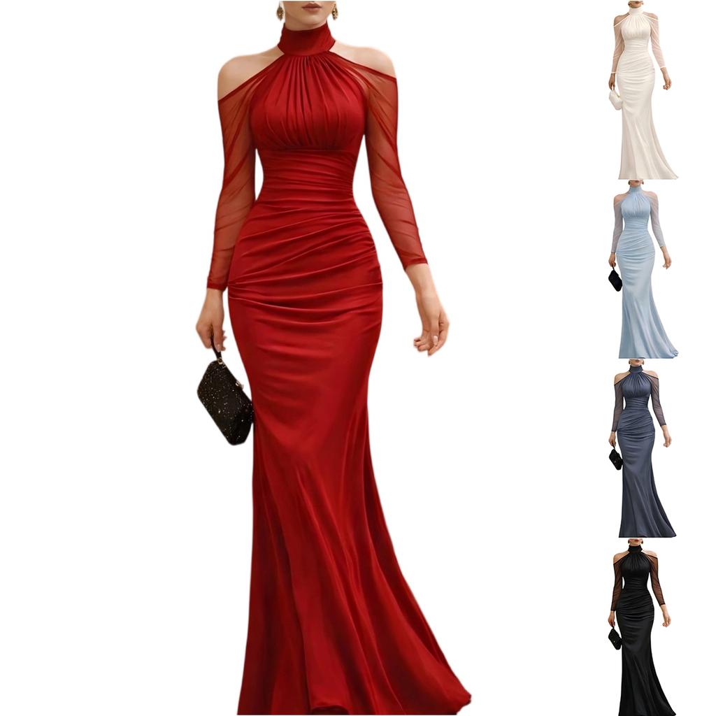 Women Halter Neck Long Sleeve Evening Dress Sheer Mesh Off Shoulder Floor Length Formal Gown Ruched Waist Maxi Dress