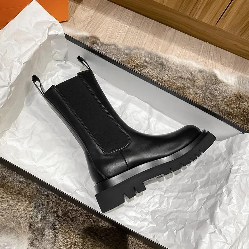 Klassikere Chelsea Boots Dame Svarte Ankelstøvletter Høst Vinter Sko Ekte skinn Platform Korte støvletter Slip on Elastisk bånd