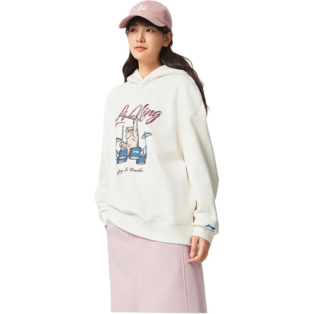Li Ning Sports Lifestyle Series Simple Fleece Versatile Letter Cartoon Animal Print Drop Shoulder Loose Hoodie Women Hoodies Off-White AWDVC78-1