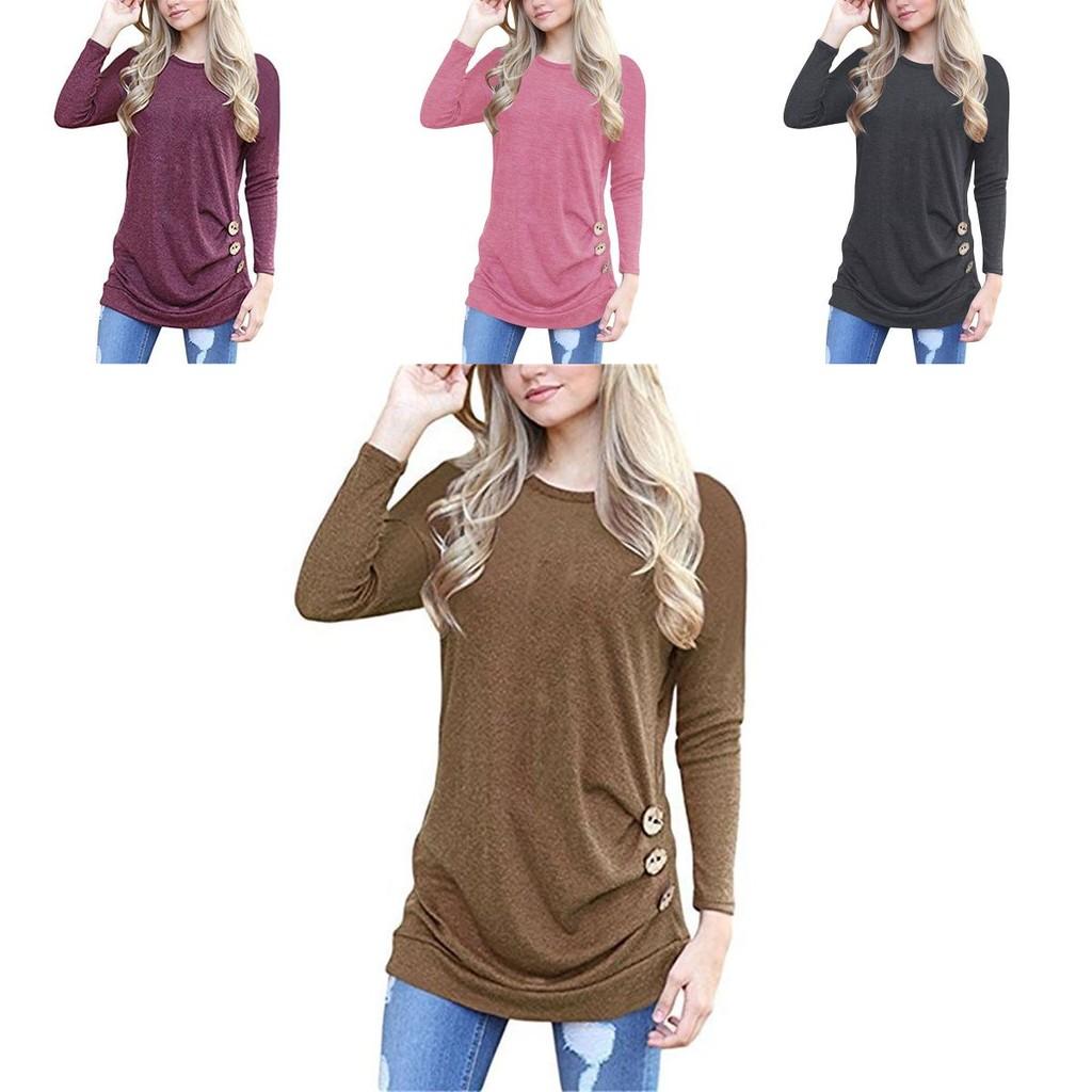 Fashion Women Long Sleeve Casual Blouse Stylish Tunic With Brown Button Accents