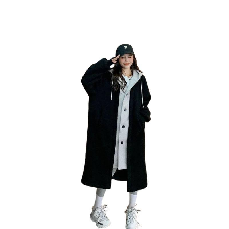Chic Korean 2025 Autumn/Winter Long Hooded Lambswool Skirt Jacket