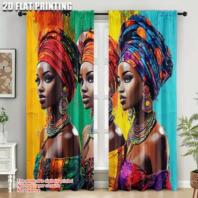 2pcs Popular Curtains Plane Printing African Woman Print Versatile Durable Polyester (without Rod) Stuff Clearance Perfect