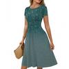 Women's Casual Fashion Round Neck Pleated Short Sleeve Retro Floral A-Line Midi Dress